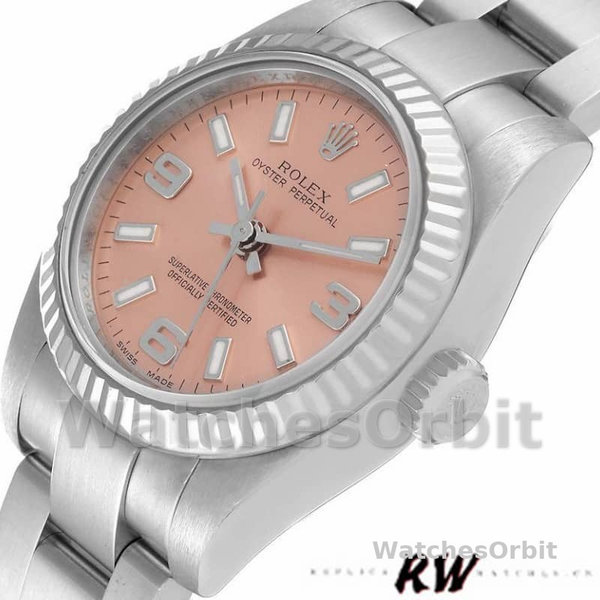 Replique Rolex Oyster Perpetual 26mm Femmes-176234-Cerclage cannelé-Cadran rose Rose