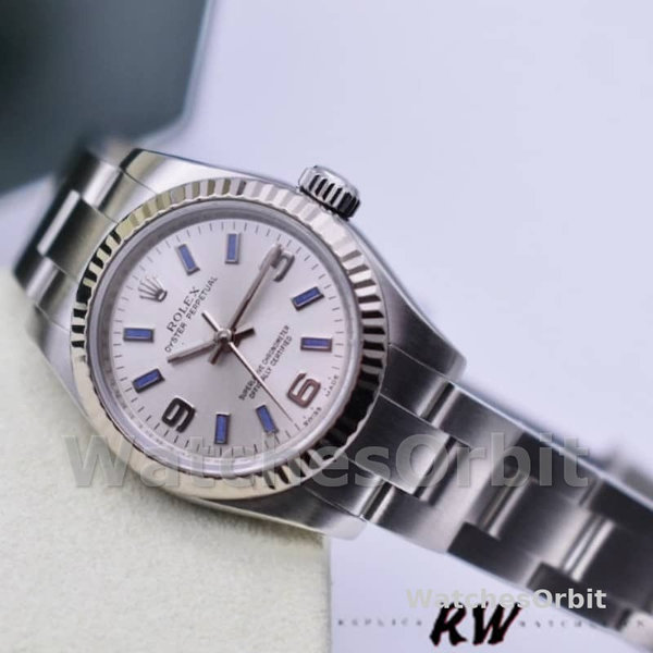 Replique Rolex Oyster Perpetual 26mm Femme-176234-Cadran argenté-Baton bleu argenté