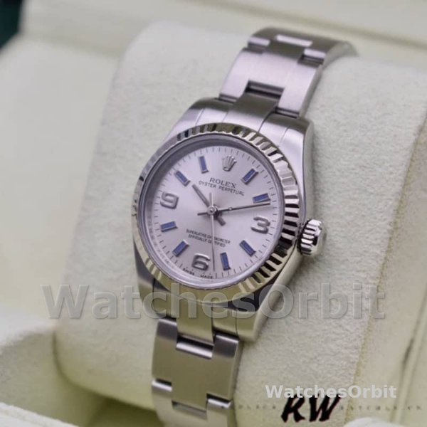 Replique Rolex Oyster Perpetual 26mm Femme-176234-Cadran argenté-Baton bleu argenté