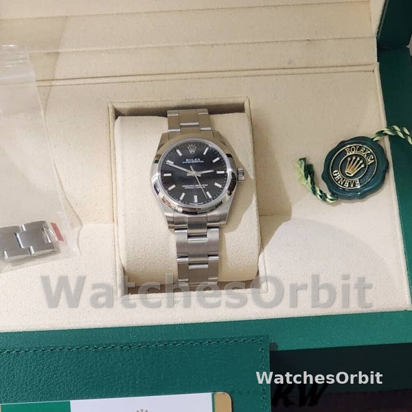 Replique Rolex Oyster Perpetual 31mm Femme-177200-Noir Cadran Index-Cerclage bombé Noir