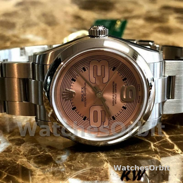 Womens Rolex Oyster Perpetual 31mm Womens-177200-Pink Maxi Arabic Dial-Domed Bezel Pink Replica Watch Image