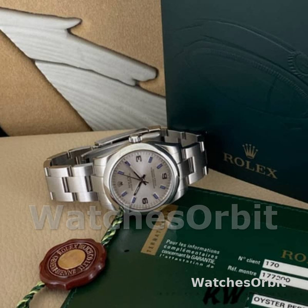 Rolex Oyster Perpetual 177200 Silver Dial Blue Markers 31mm Lady Replica Watch
