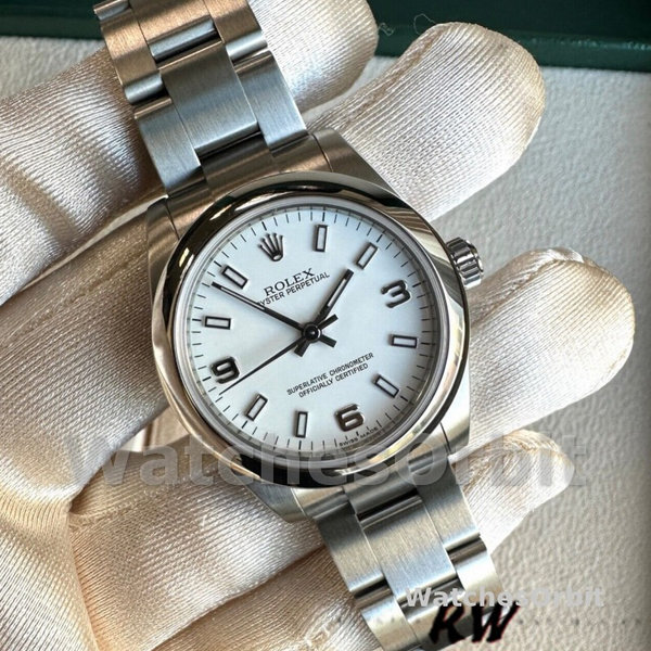 Replique Rolex Oyster Perpetual 31mm Femmes-177200-Cadran arabe blanc-Bracelet d'huître blanc
