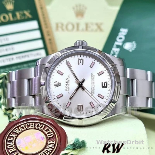 Replique Rolex Oyster Perpetual 31mm Women's-177210-Silver Dial-Pink Hour Markers Silver pour femme