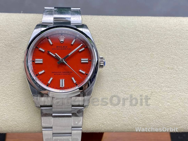 Replica Rolex Oyster Perpetual-126000 0007, Oystersteel, Koraal Rode Wijzerplaat, Oysterband Rood