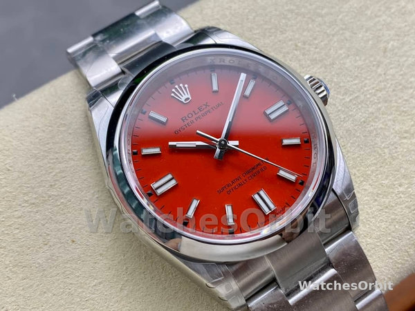 Replica Rolex Oyster Perpetual-126000 0007, Oystersteel, Koraal Rode Wijzerplaat, Oysterband Rood