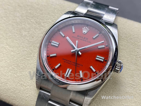 Replica Rolex Oyster Perpetual-126000 0007, Oystersteel, Koraal Rode Wijzerplaat, Oysterband Rood