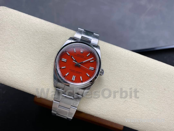 Replica Rolex Oyster Perpetual-126000 0007, Oystersteel, Koraal Rode Wijzerplaat, Oysterband Rood