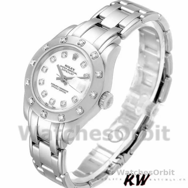 Replica Rolex Pearlmaster 29mm voor dames-80319-White Roman Dial Luxe