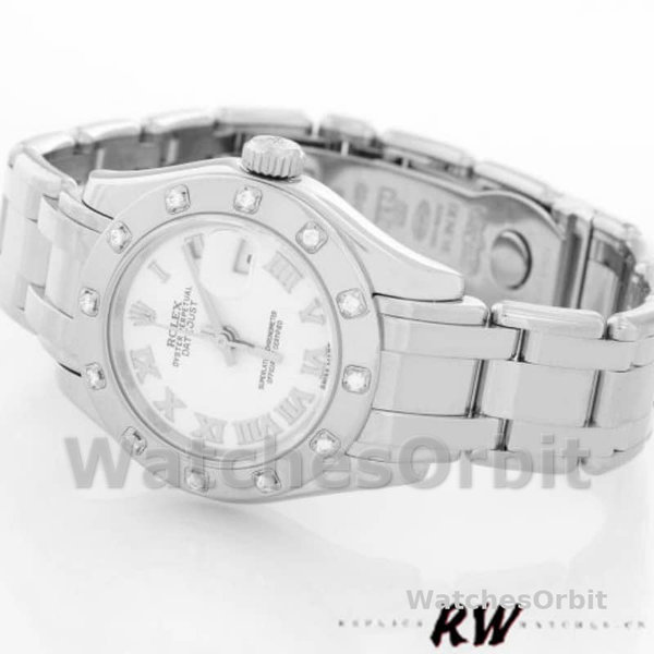Replica Rolex Pearlmaster 29mm voor dames-80319-White Roman Dial Luxe