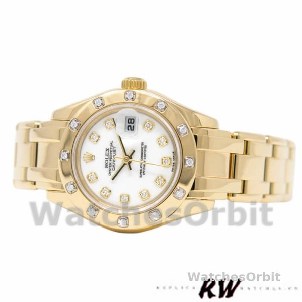 Replica Rolex Pearlmaster 29 mm Donna-80318-Oro giallo-Comparatore bianco Lusso