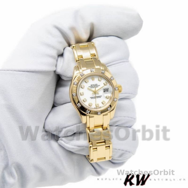 Replica Rolex Pearlmaster 29 mm Donna-80318-Oro giallo-Comparatore bianco Lusso