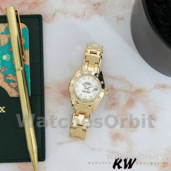 Replica Rolex Pearlmaster 29 mm Donna-80318-Oro giallo-Comparatore bianco Lusso