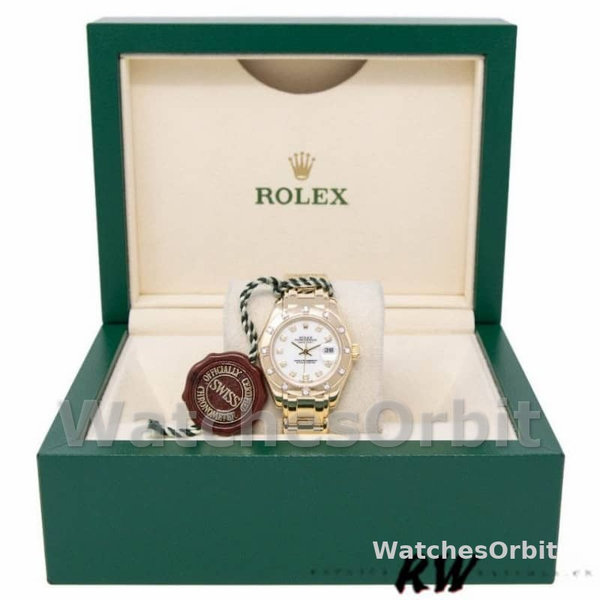 Replica Rolex Pearlmaster 29 mm Donna-80318-Oro giallo-Comparatore bianco Lusso