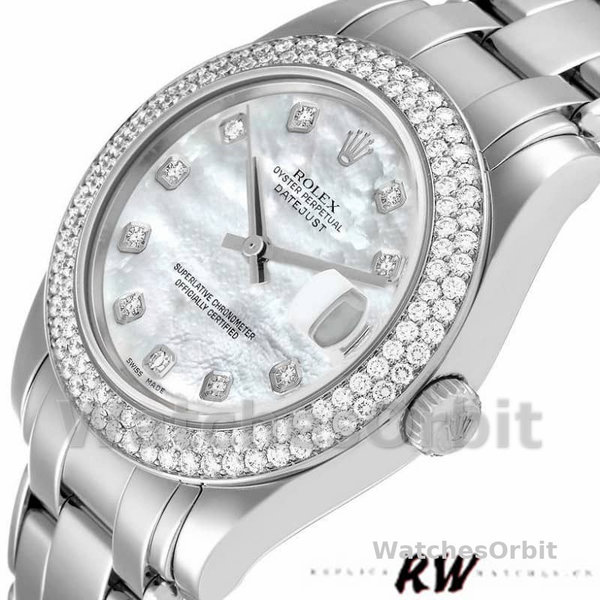 Replica Rolex Pearlmaster 34 mm Donna-81339-Bianco MOP Quadrante di diamanti Lusso