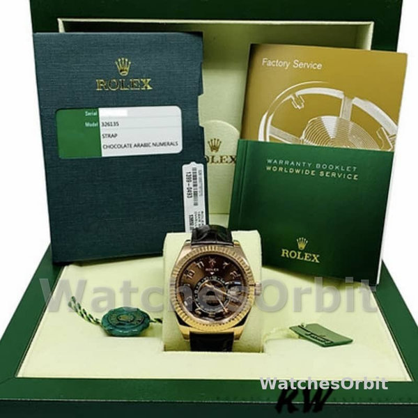 Mens Rolex Sky-Dweller 42mm Mens-326135-Chocolate Arabic Sunray Brown Dial Chocolate Replica Image