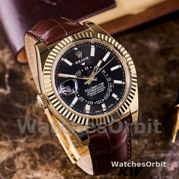 Replique Hommes Rolex Sky-Dweller 42mm Hommes-326138-Cadran noir-Or jaune Noir<br />