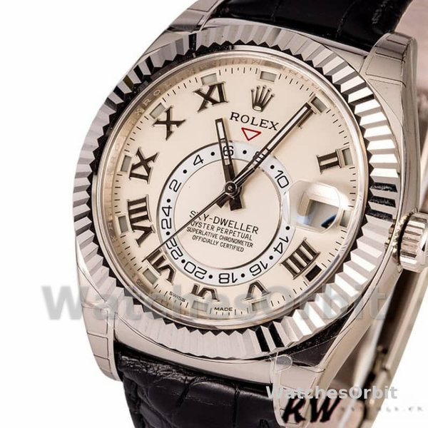 Men's Rolex Sky-Dweller 42mm Men's-326139-Ivory Roman Dial-Leather Strap Ivory<br />