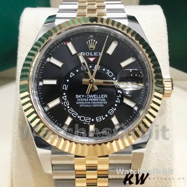 Replica Rolex Sky-Dweller 42 mm Uomo-326933-Acciaio inossidabile e oro giallo-Calendario nero Nero<br />
