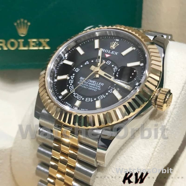Replica Rolex Sky-Dweller 42 mm Uomo-326933-Acciaio inossidabile e oro giallo-Calendario nero Nero<br />