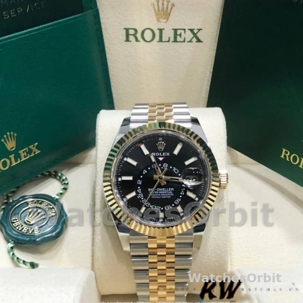 Replica Rolex Sky-Dweller 42 mm Uomo-326933-Acciaio inossidabile e oro giallo-Calendario nero Nero<br />