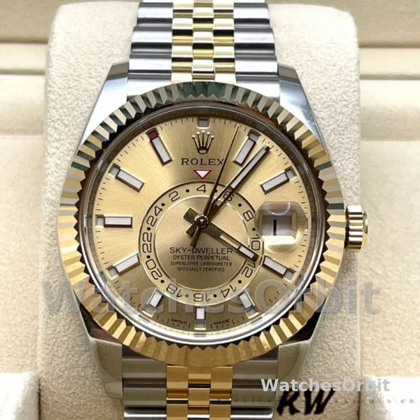 Replique Hommes Rolex Sky-Dweller 42mm Hommes-326933-Acier inoxydable et or jaune-Cadran champagne Champagne