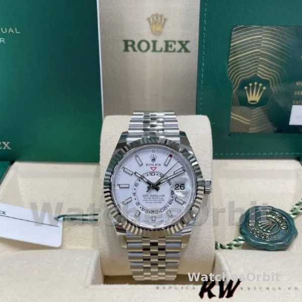 Replica Rolex Sky-Dweller 42 mm Uomo-326934-Ghiera scanalata-Comparatore bianco Bianco