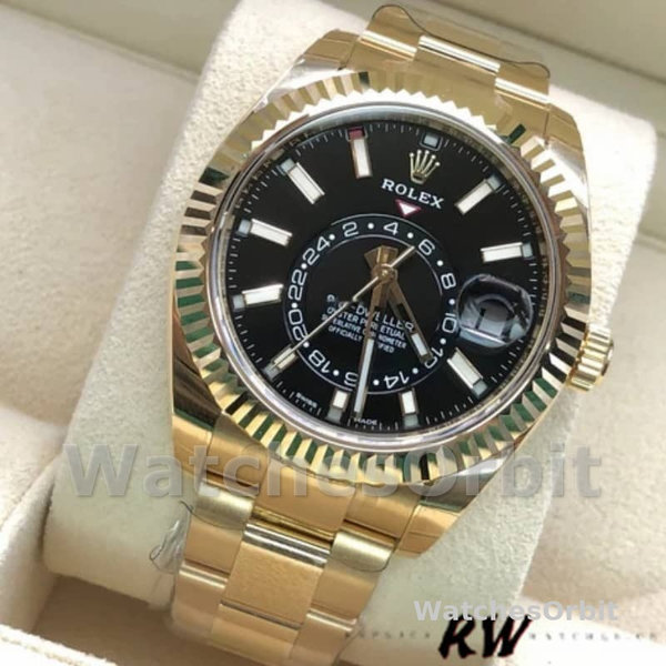 Replica Rolex Sky-Dweller 42mm Heren-326938 Geelgoud-Zwarte Wijzerplaat Zwart