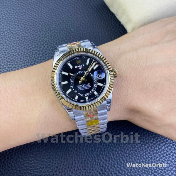 Mens Rolex Sky Dweller 42mm Yellow Gold Oyster M336933 0004 Mens Black Dial Replica Watch Image