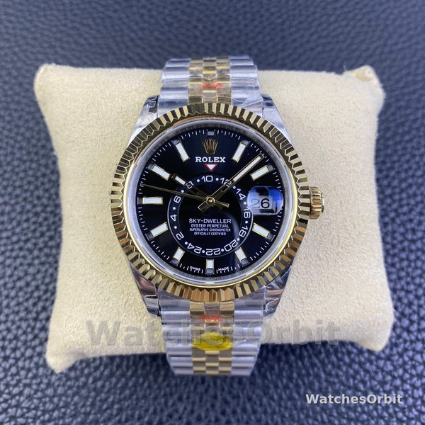 Mens Rolex Sky Dweller 42mm Yellow Gold Oyster M336933 0004 Mens Black Dial Replica Watch Image