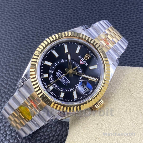 Mens Rolex Sky Dweller 42mm Yellow Gold Oyster M336933 0004 Mens Black Dial Replica Watch Image