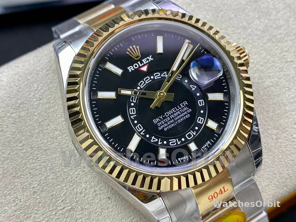 Mens Rolex Sky Dweller 42mm Yellow Rolesor Black Dial Oyster M336933 0003 Mens Black Dial Replica Watch Image