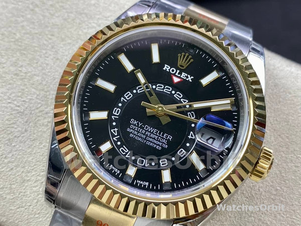 Mens Rolex Sky Dweller 42mm Yellow Rolesor Black Dial Oyster M336933 0003 Mens Black Dial Replica Watch Image