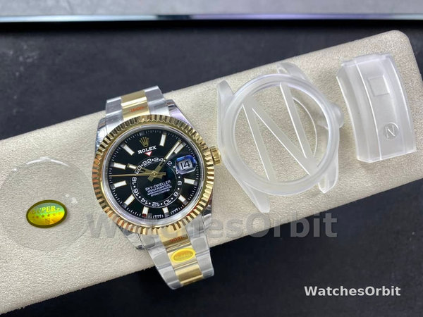 Mens Rolex Sky Dweller 42mm Yellow Rolesor Black Dial Oyster M336933 0003 Mens Black Dial Replica Watch Image