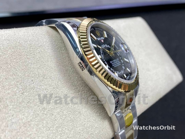 Mens Rolex Sky Dweller 42mm Yellow Rolesor Black Dial Oyster M336933 0003 Mens Black Dial Replica Watch Image