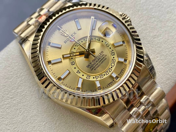 Replica Rolex Sky-Dweller 42mm Uomo-m336938-0004-Dal quadrante oro giallo-champagne Champagne