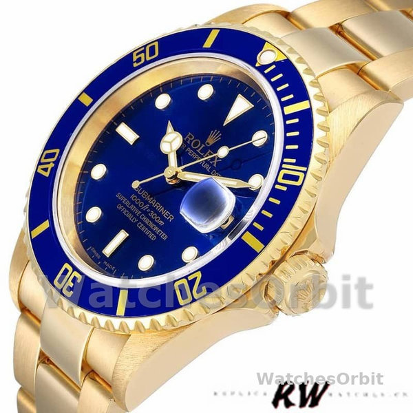 Replica Rolex Submariner 40mm Heren-16618-Geel Goud-Blauwe Wijzerplaat Blauw