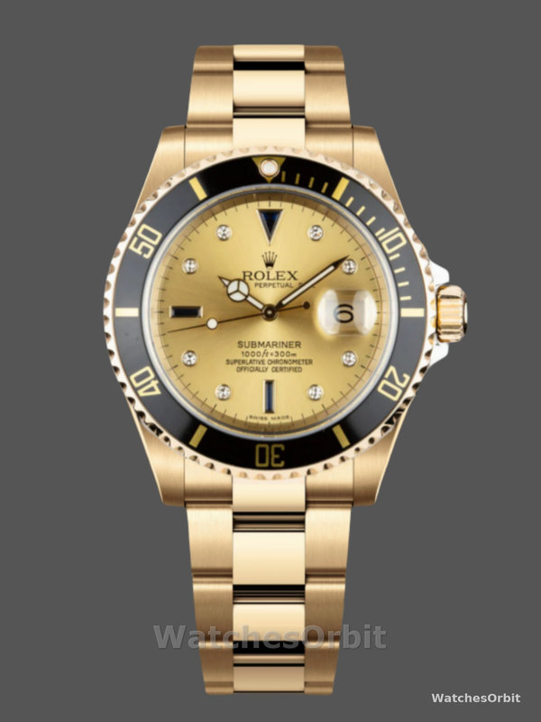 Rolex Submariner 40 18k Champagne Diamond Dial Black Bezel 16613T Gold Watch