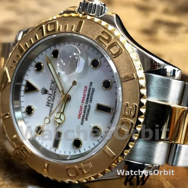 Mens Rolex Yacht-Master 40mm Mens-16623-Gold Bezel White Replica Image