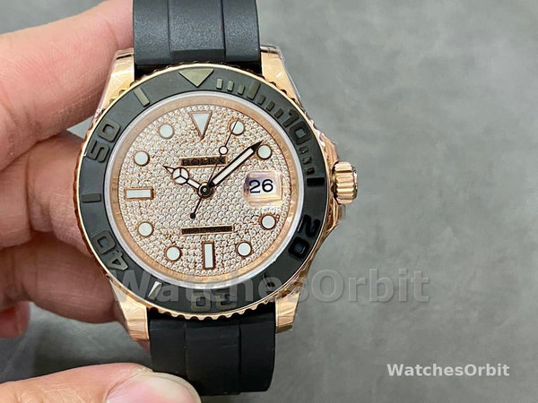 Replica Rolex Yacht-Master II-126655 da uomo, 40 mm, oro rosa, quadrante con pavé di diamanti, Pave di diamanti da uomo