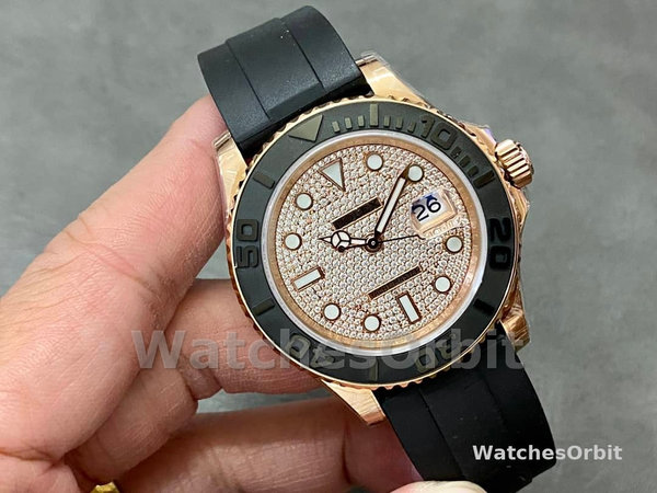 Replica Rolex Yacht-Master II-126655 da uomo, 40 mm, oro rosa, quadrante con pavé di diamanti, Pave di diamanti da uomo