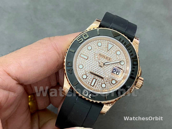 Replica Rolex Yacht-Master II-126655 da uomo, 40 mm, oro rosa, quadrante con pavé di diamanti, Pave di diamanti da uomo