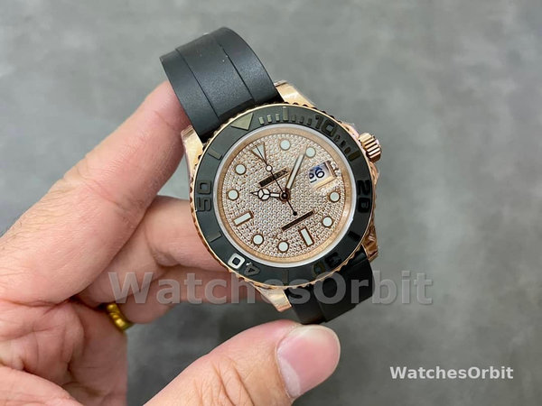 Replica Rolex Yacht-Master II-126655 da uomo, 40 mm, oro rosa, quadrante con pavé di diamanti, Pave di diamanti da uomo