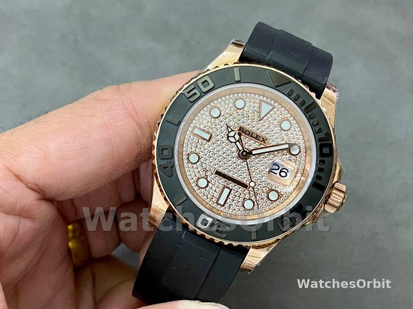 Replica Rolex Yacht-Master II-126655 da uomo, 40 mm, oro rosa, quadrante con pavé di diamanti, Pave di diamanti da uomo