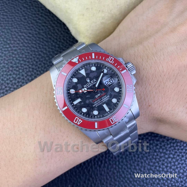 Mens Rolex Submariner DIW Persimmon Orange Edition 116610LN Red Ceramic Bezel Black Replica Watch Image